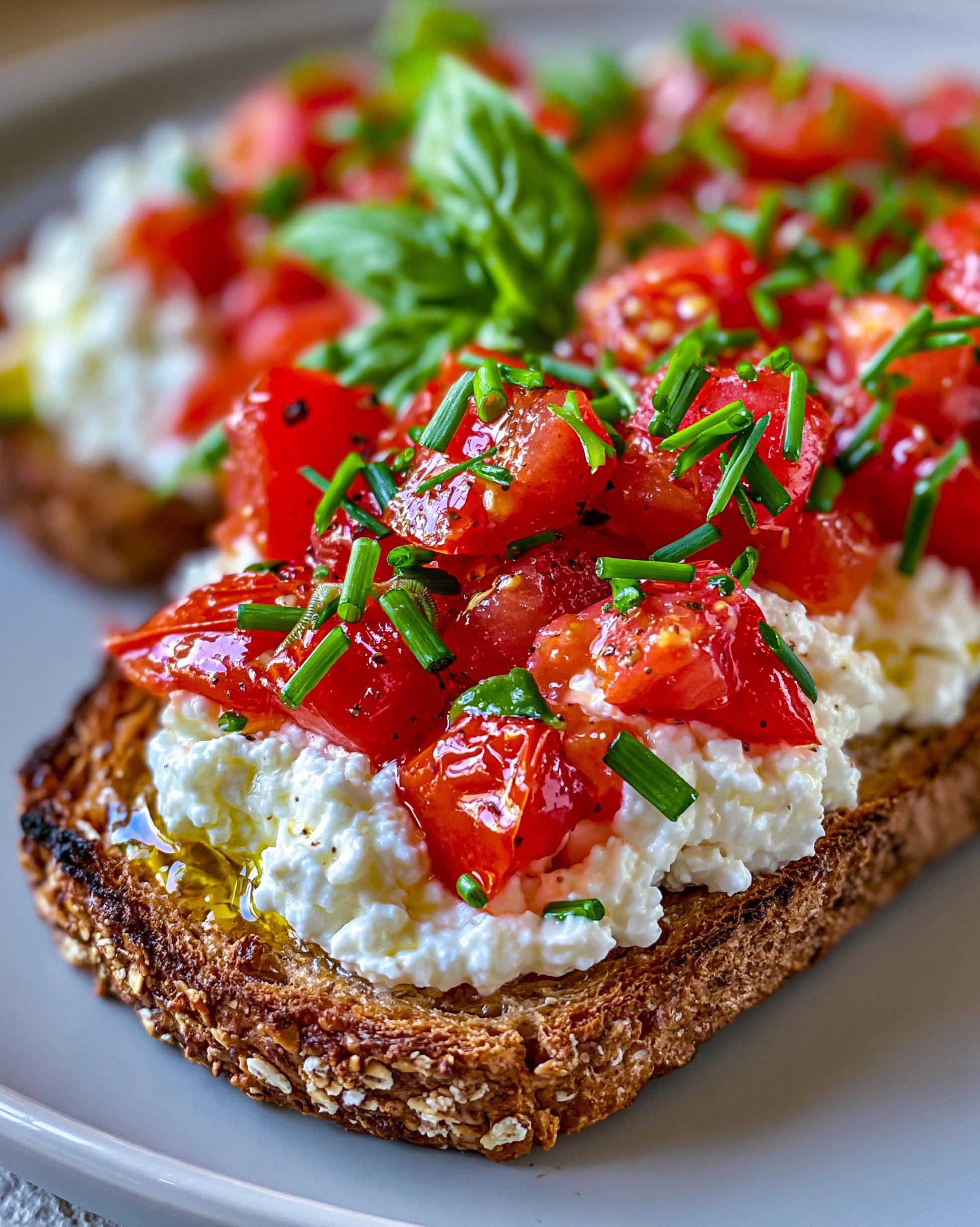 Close-up of a slice of Tomato Cottage Cheese Toast topped with fresh tomatoes, cottage cheese, basil, and chives.