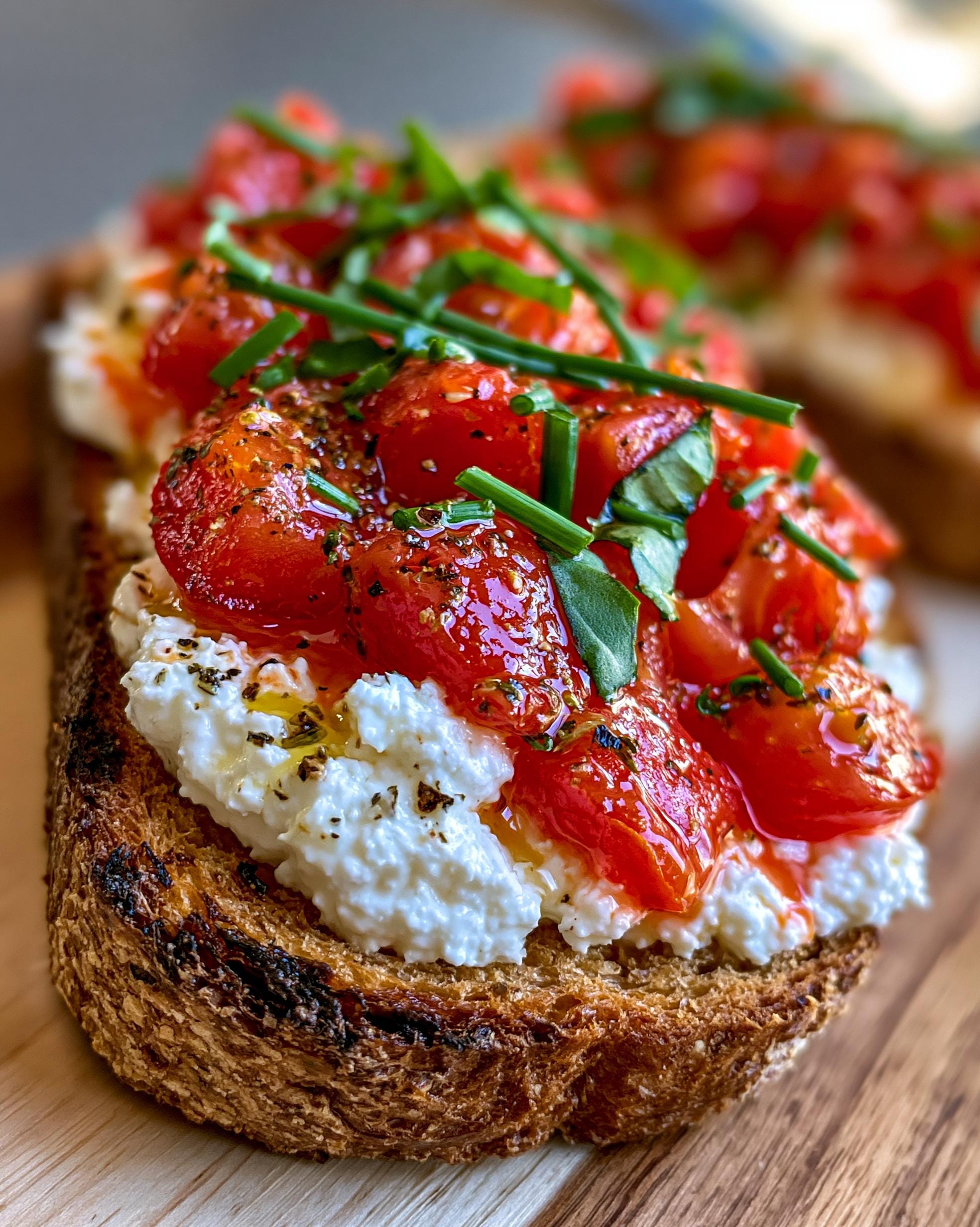 Close-up of a slice of toasted bread topped with creamy cottage cheese and roasted tomatoes, garnished with chives.