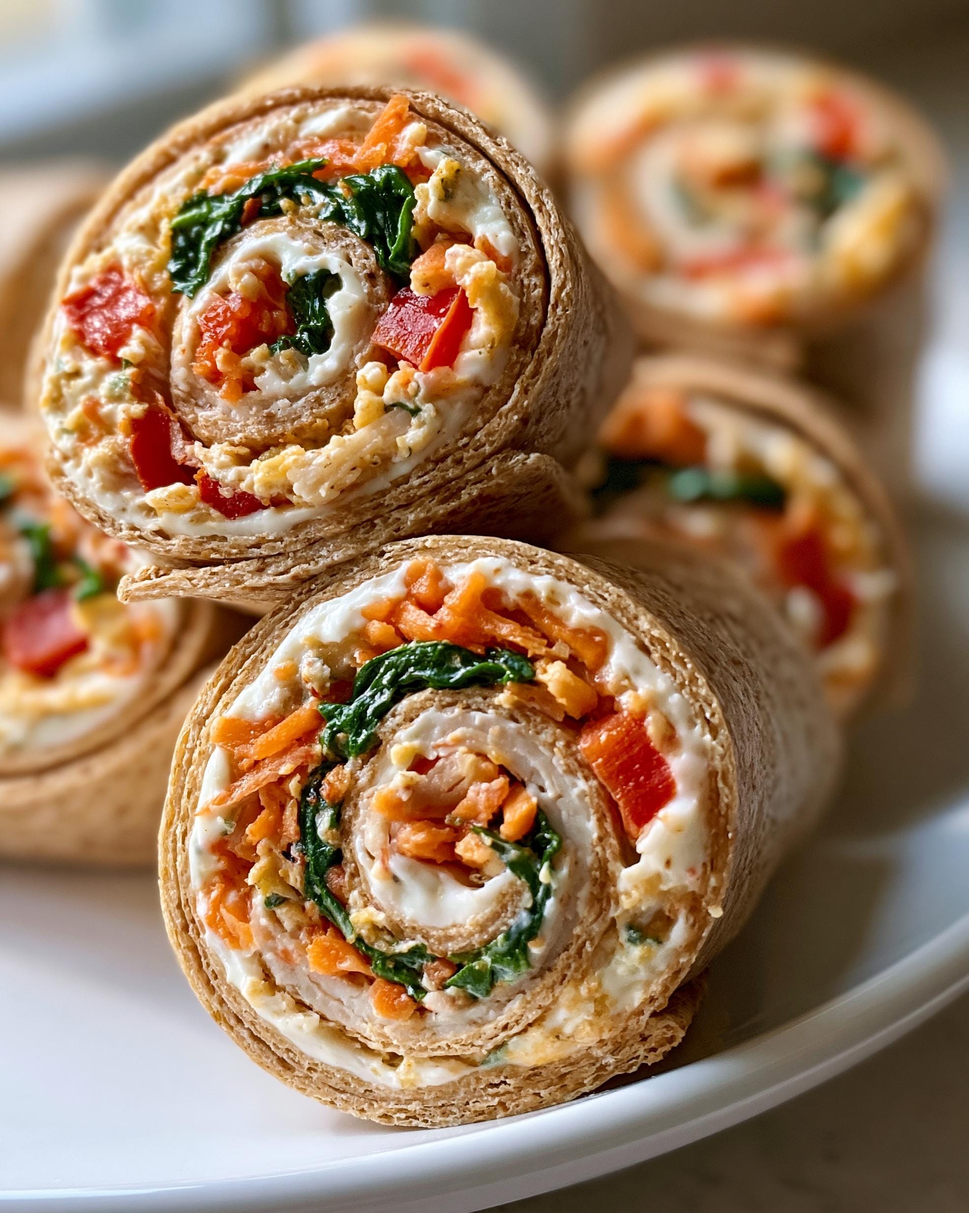 Close-up of stacked Turkey Pinwheels filled with cream cheese, shredded carrots, spinach, and diced red peppers.