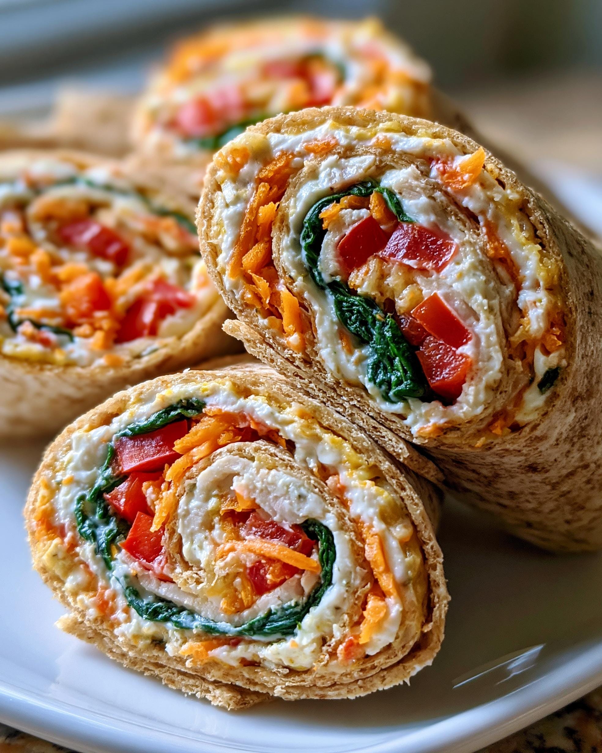 Close-up of a slice of Turkey Pinwheels, showing layers of cream cheese, shredded carrots, spinach, and red bell peppers rolled in a whole wheat tortilla.