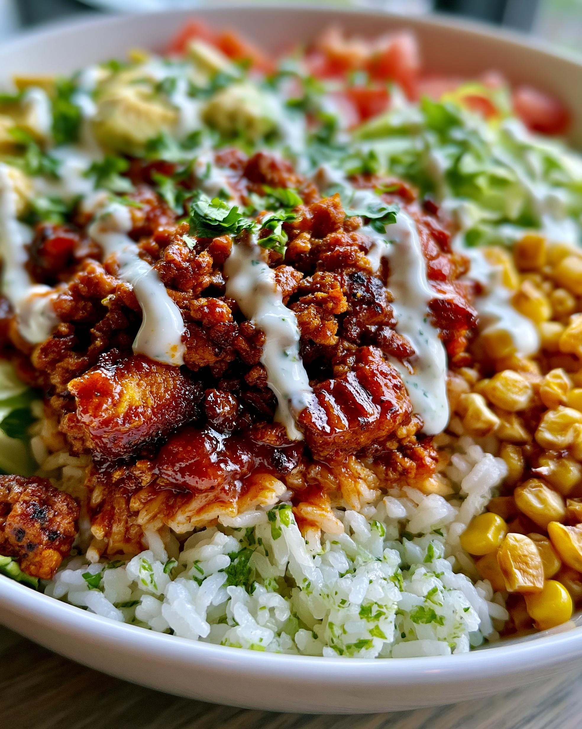 A close-up of a Turkey Taco Bowl featuring seasoned ground turkey, rice with herbs, corn, and a drizzle of creamy sauce.