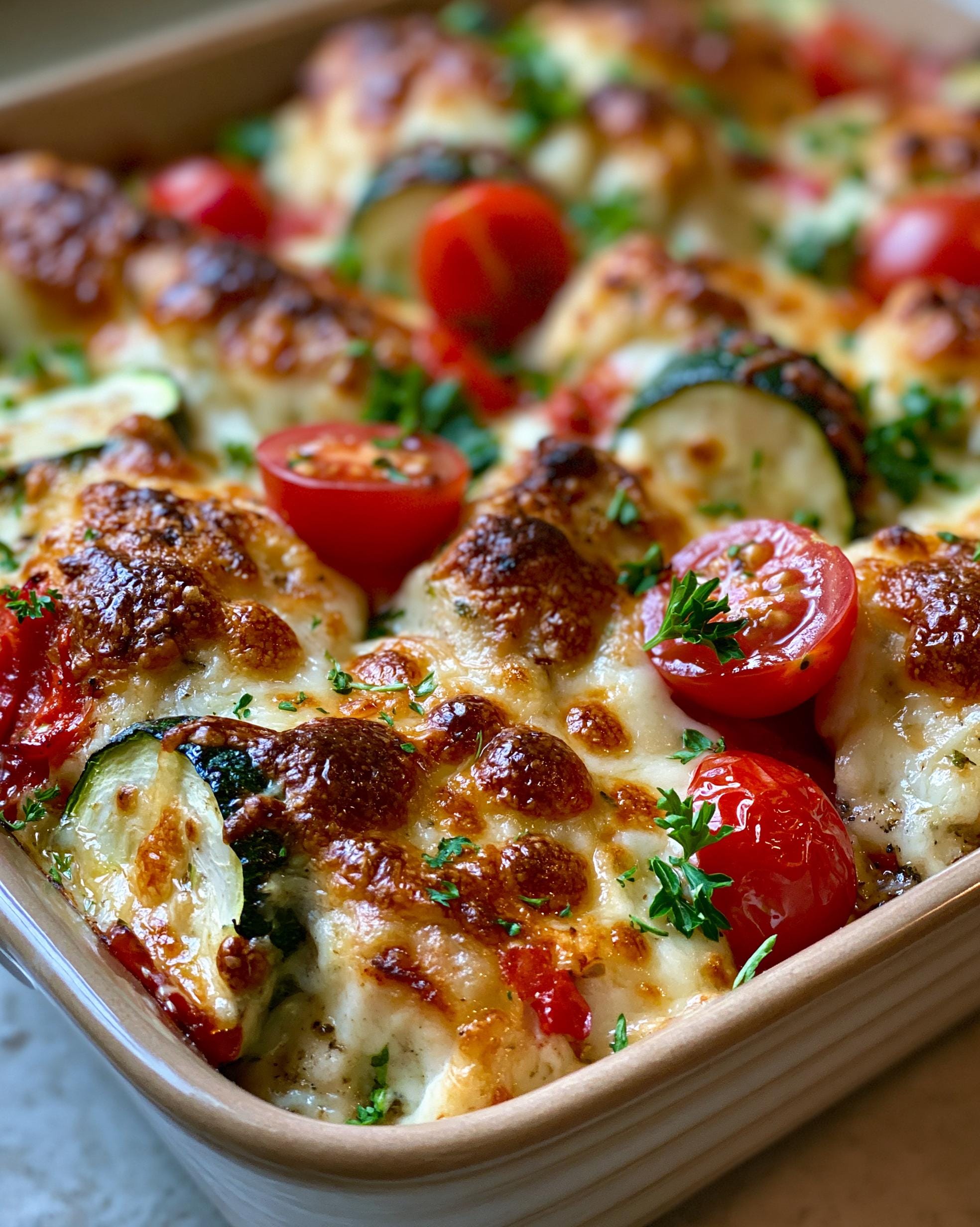 Close-up of a bubbly Zucchini Chicken Bake with melted cheese, cherry tomatoes, and zucchini slices.