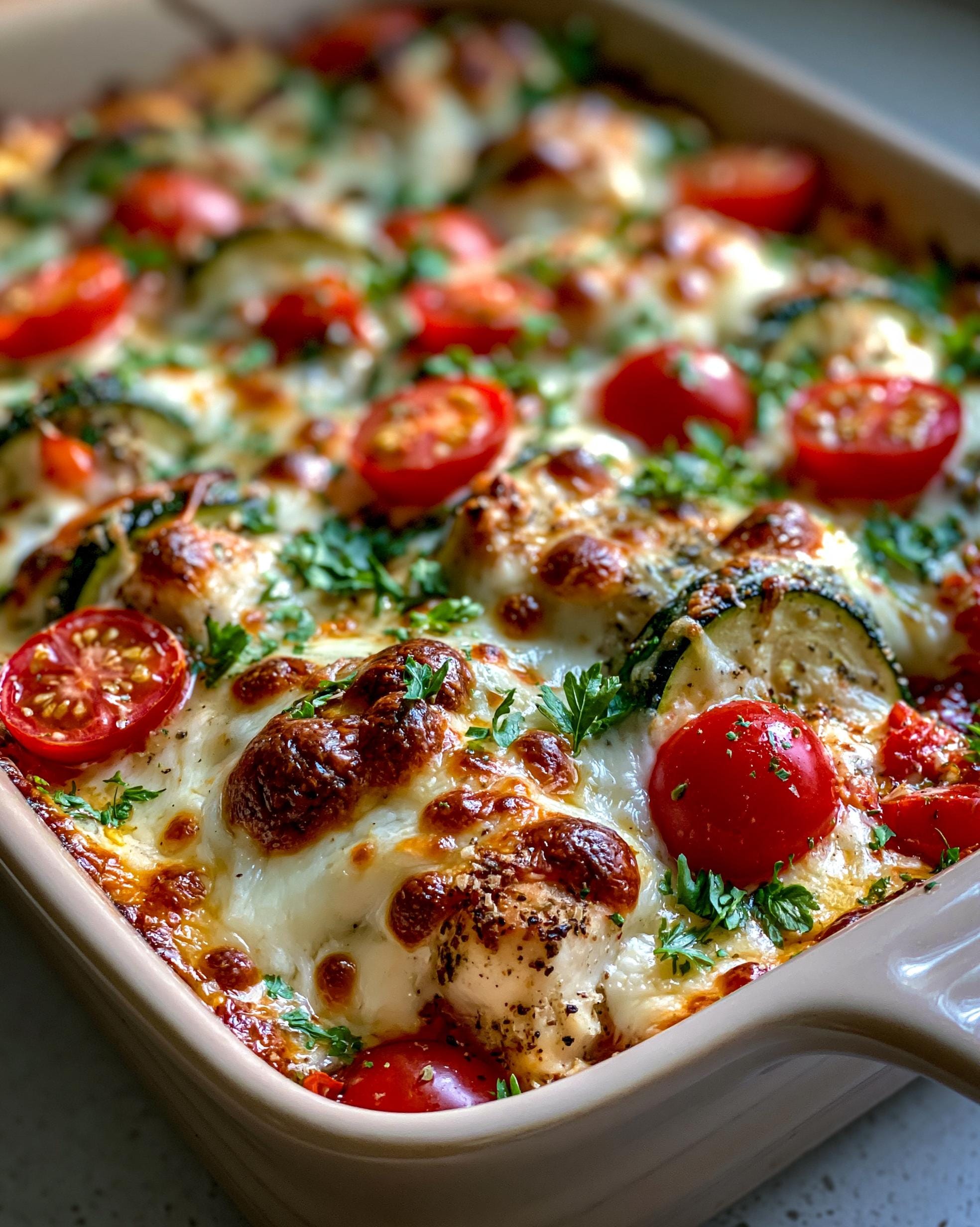 Close-up of a bubbly Zucchini Chicken Bake in a casserole dish, topped with melted cheese, cherry tomatoes, and fresh parsley.