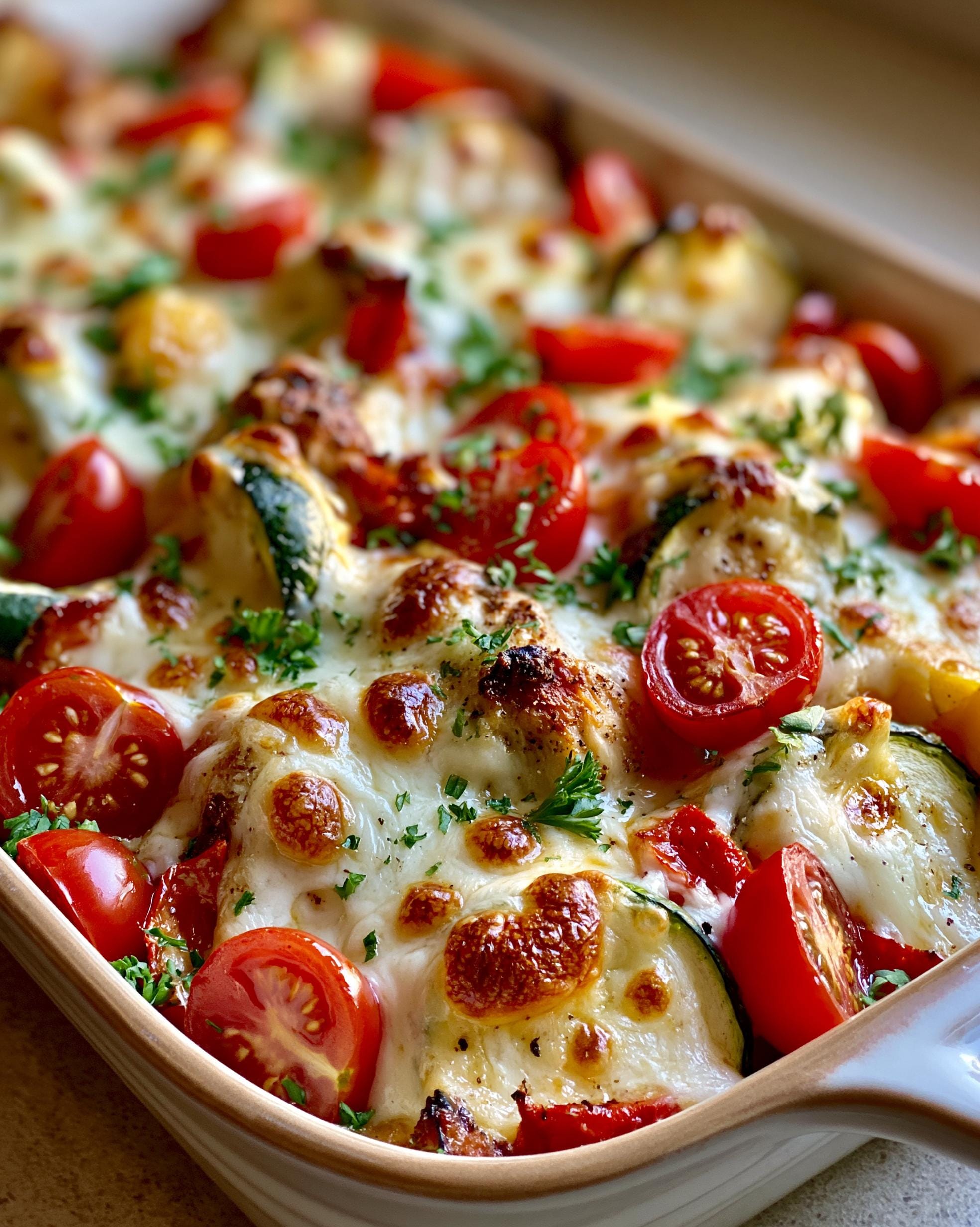 Close-up of a bubbly Zucchini Chicken Bake in a casserole dish, topped with melted cheese, cherry tomatoes, and parsley.