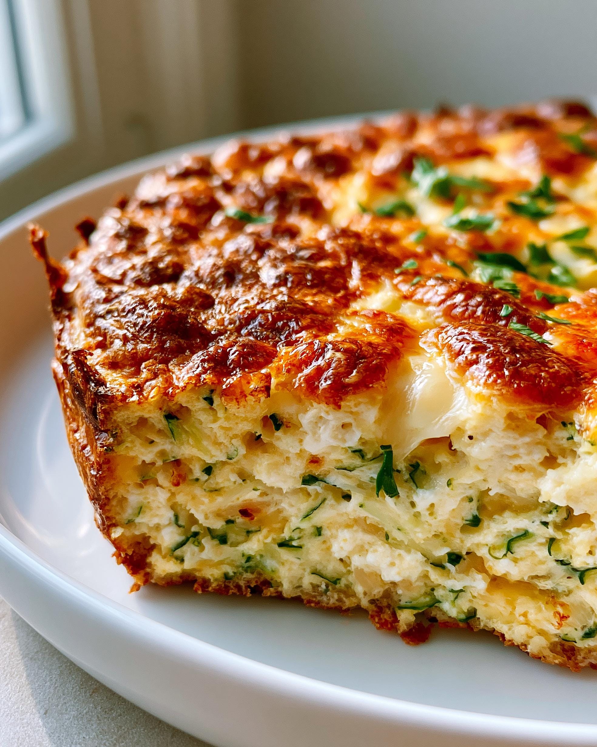 A close-up of a fluffy Zucchini Egg Bake slice on a white plate, garnished with fresh herbs.