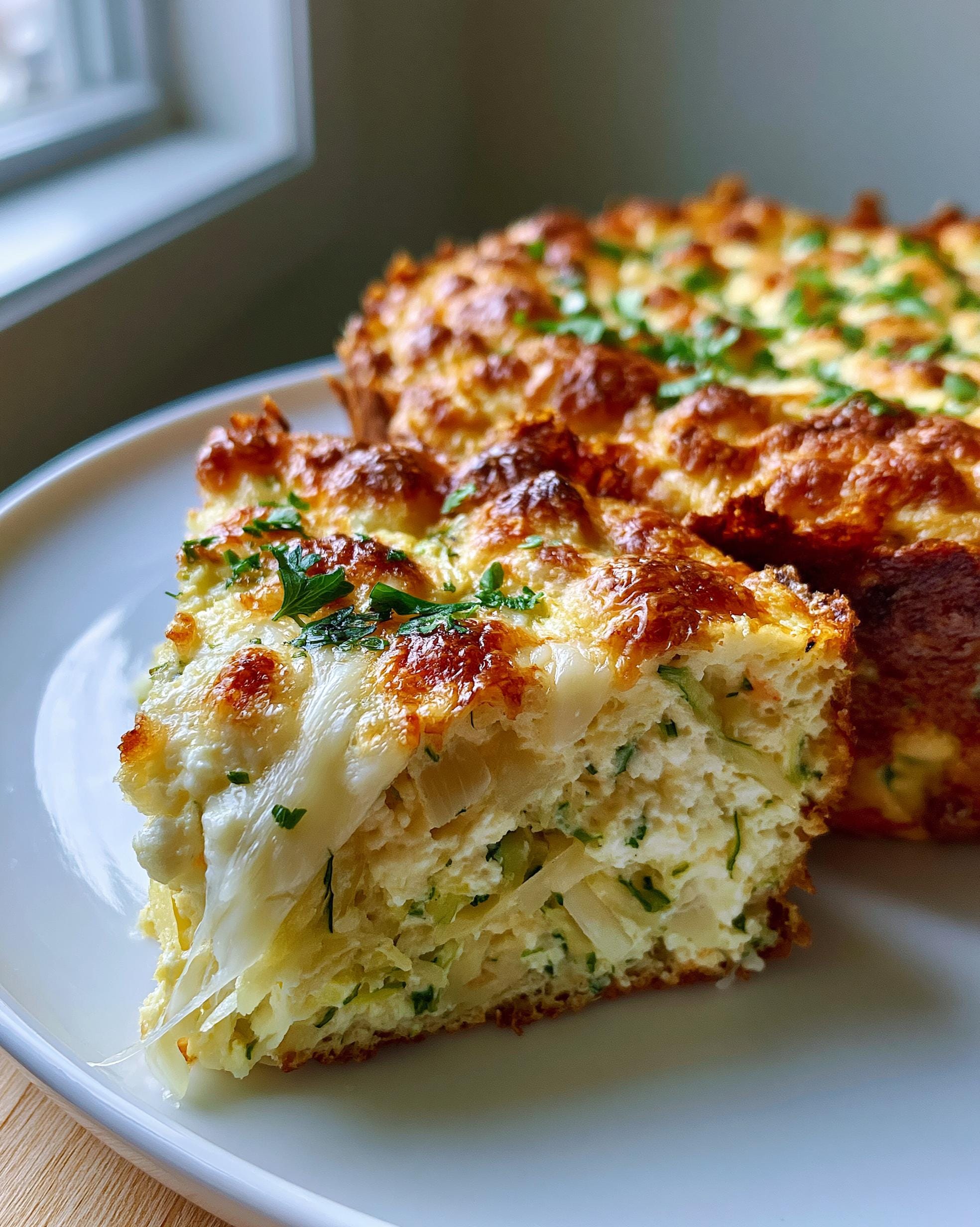 A close-up of a fluffy slice of Zucchini Egg Bake, showing melted cheese and green herbs.