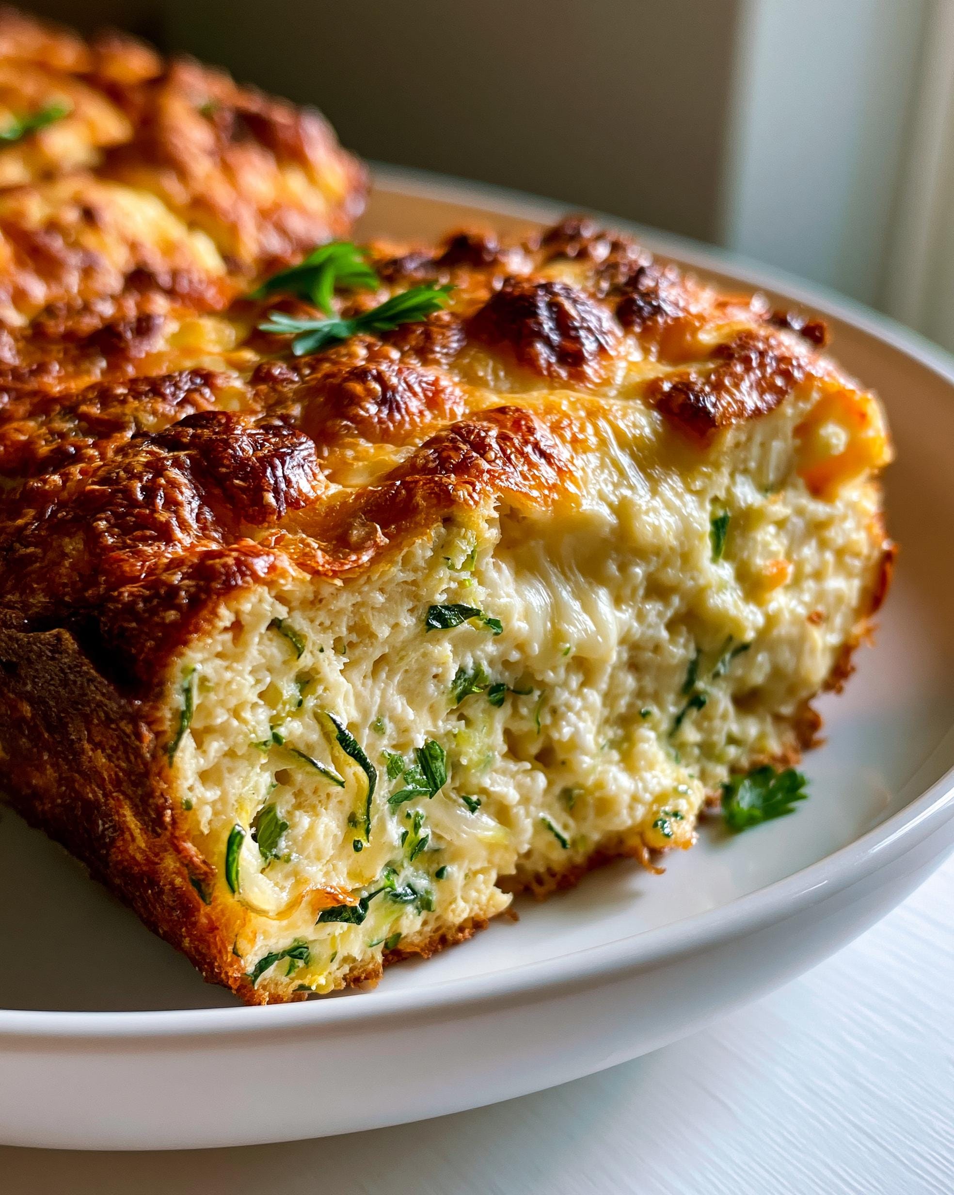 A close-up of a fluffy slice of Zucchini Egg Bake, showing shredded zucchini and herbs within a golden-brown cheesy crust.