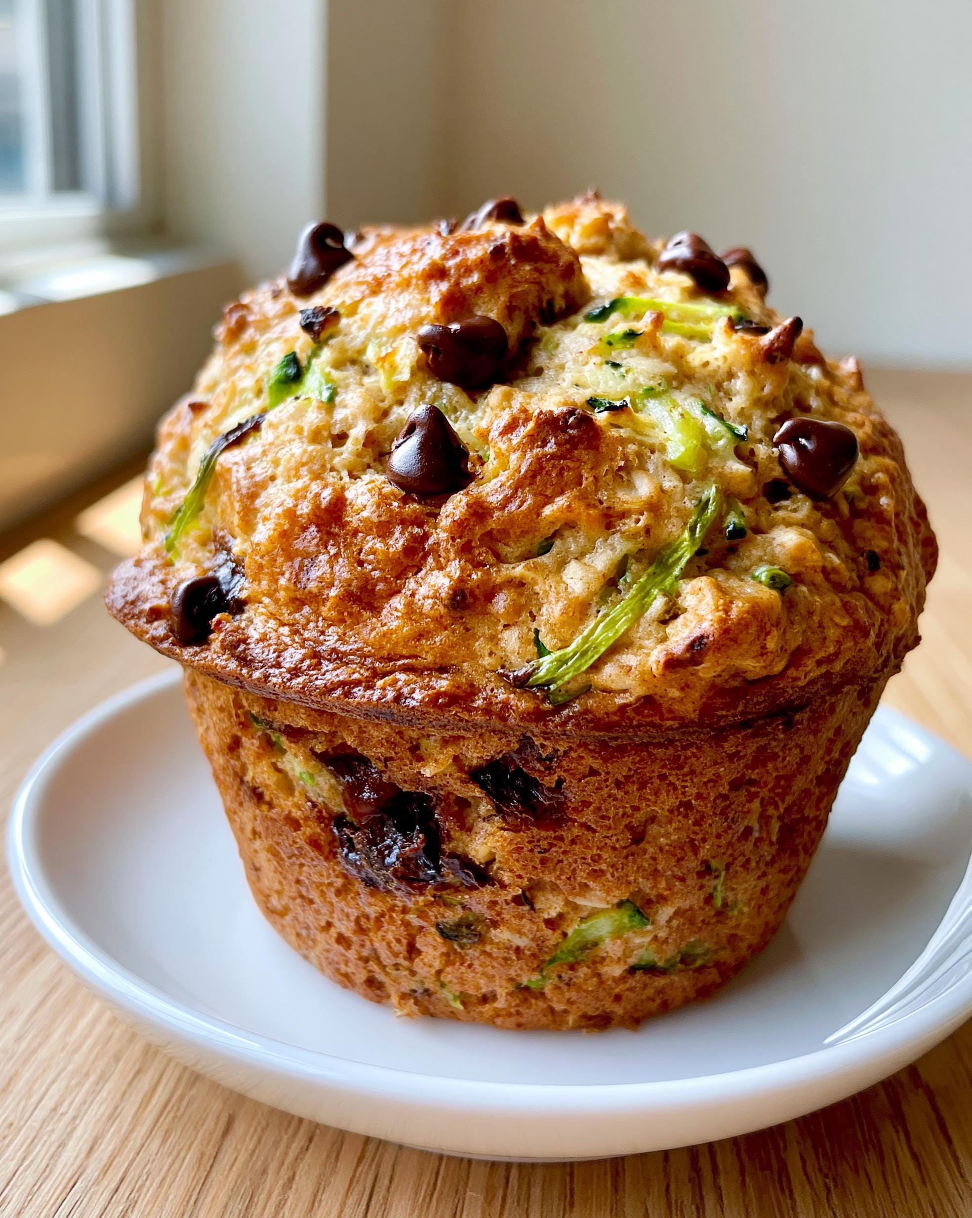 Close-up of a golden-brown Zucchini Protein Muffin topped with chocolate chips, on a white plate.