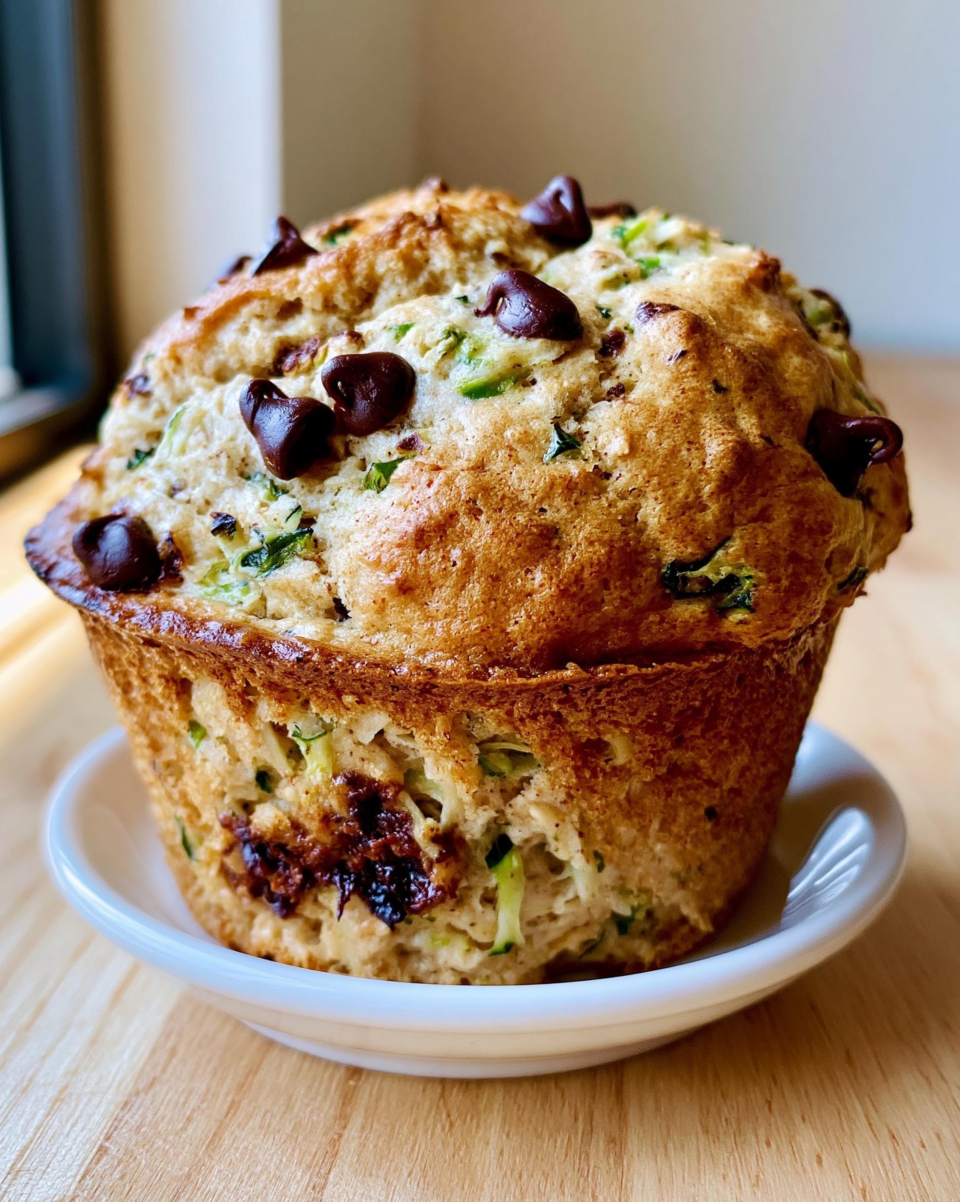 A close-up of a single Zucchini Protein Muffin topped with chocolate chips, on a white saucer.