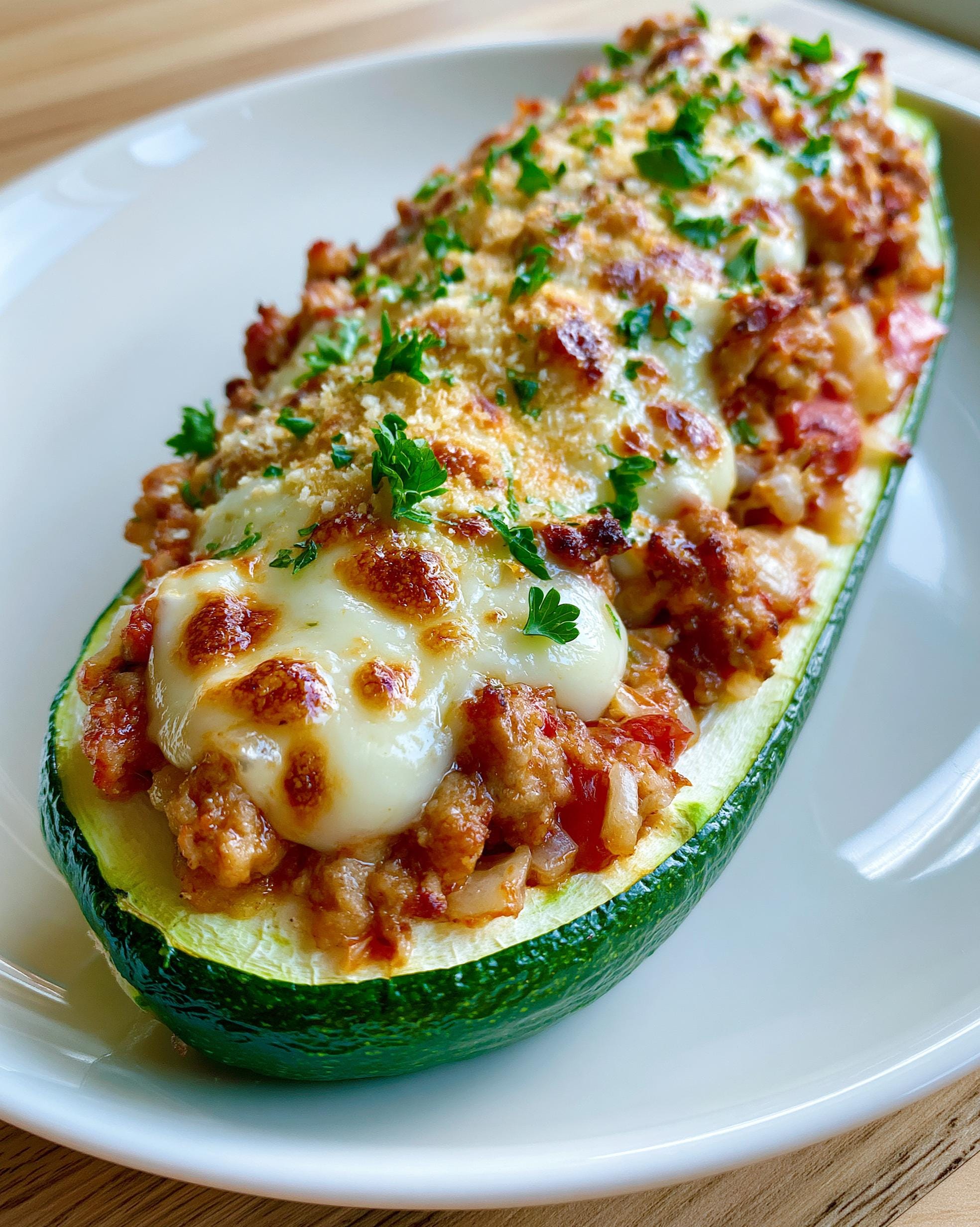 A close-up of a Zucchini Turkey Boat filled with seasoned turkey mixture and topped with melted, browned cheese and fresh parsley.