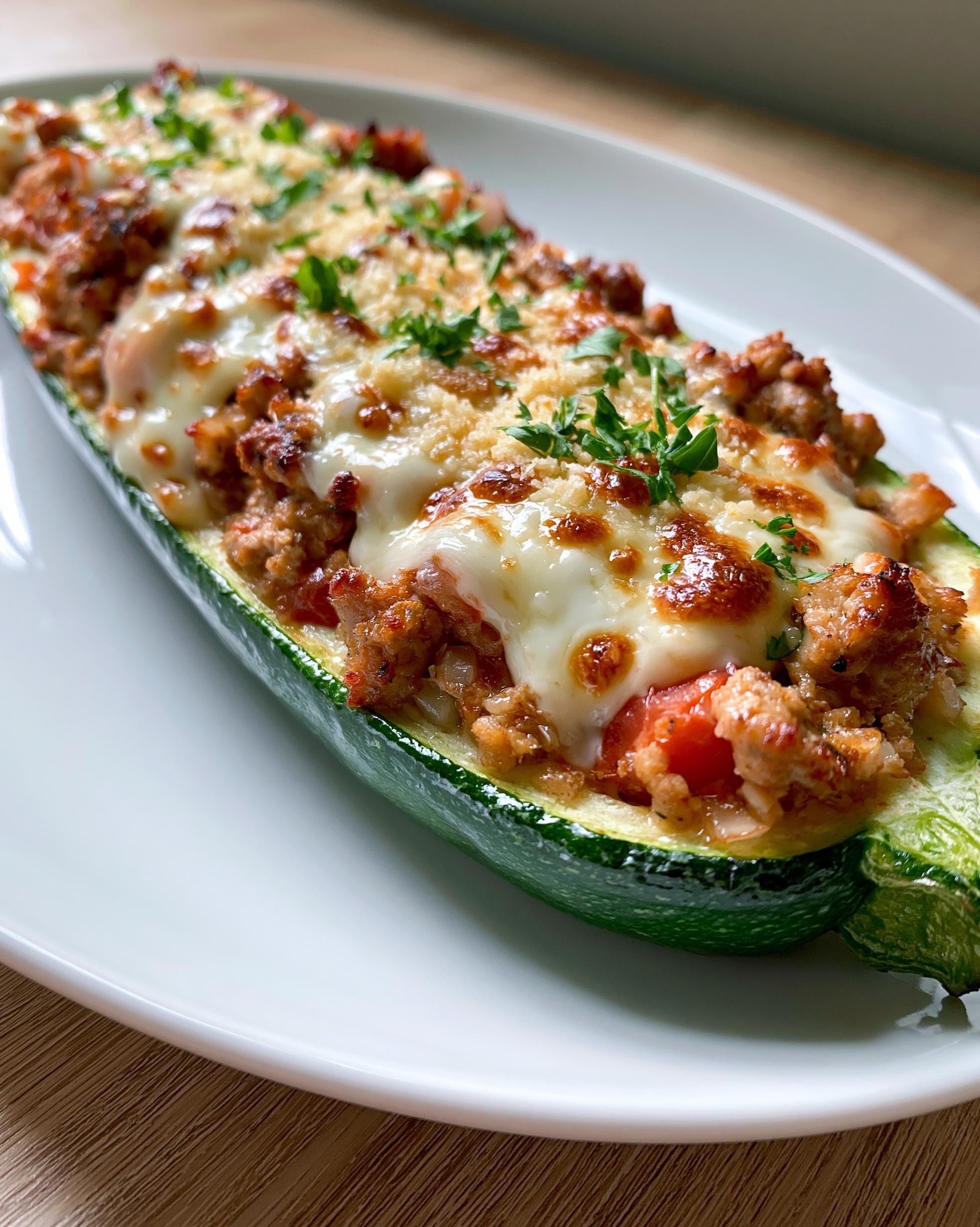 A close-up of a Zucchini Turkey Boat filled with seasoned ground turkey and topped with melted cheese and parsley.