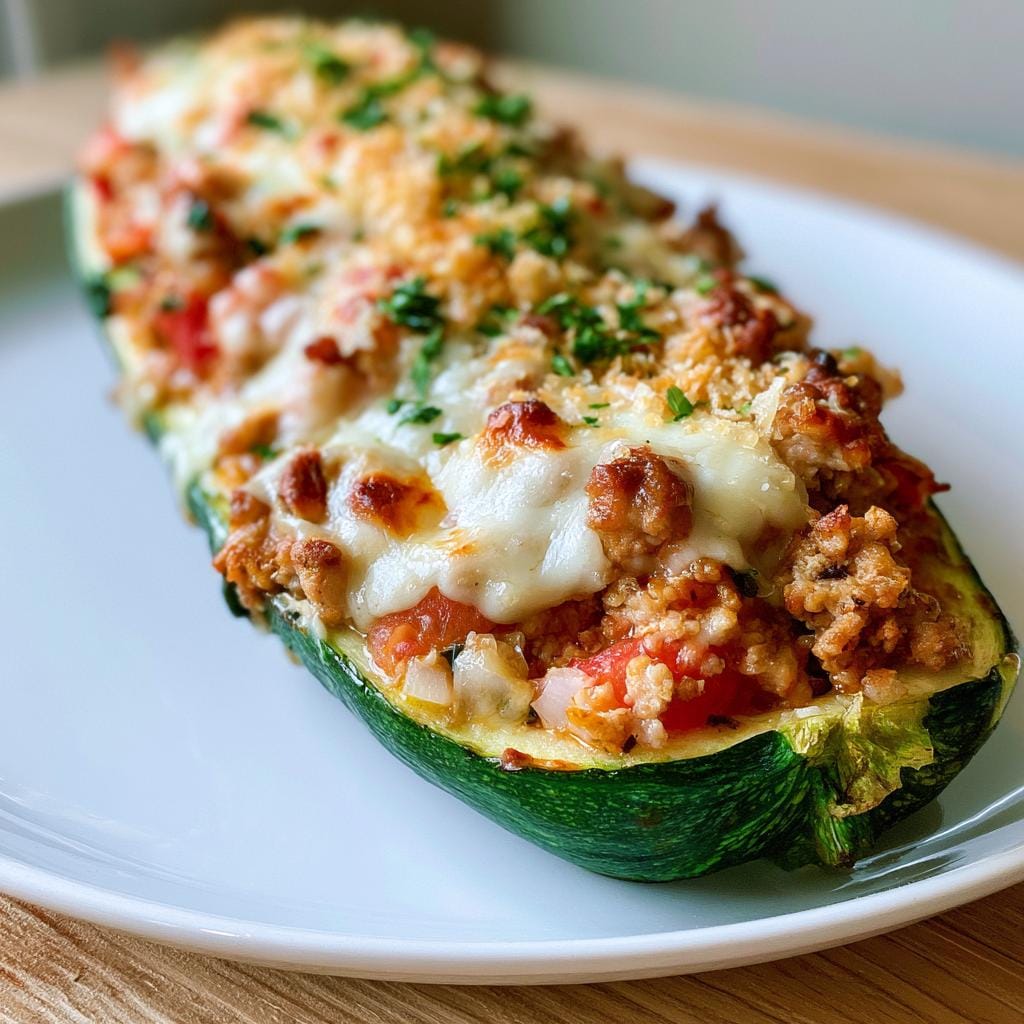 Close-up of a Zucchini Turkey Boat stuffed with seasoned ground turkey, tomatoes, and topped with melted cheese and breadcrumbs.